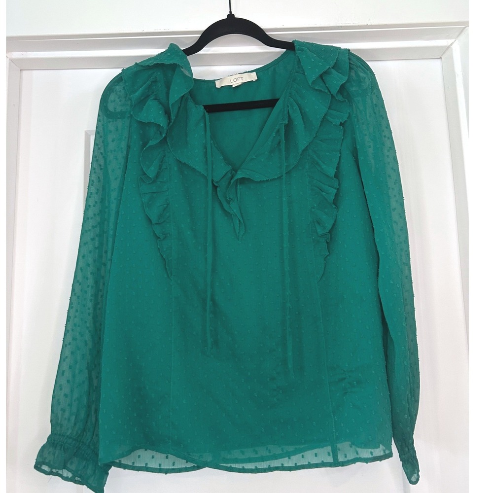 LOFT Green Swiss Dot Ruffle Tie Neck Blouse Long Sleeve Emerald Top Small